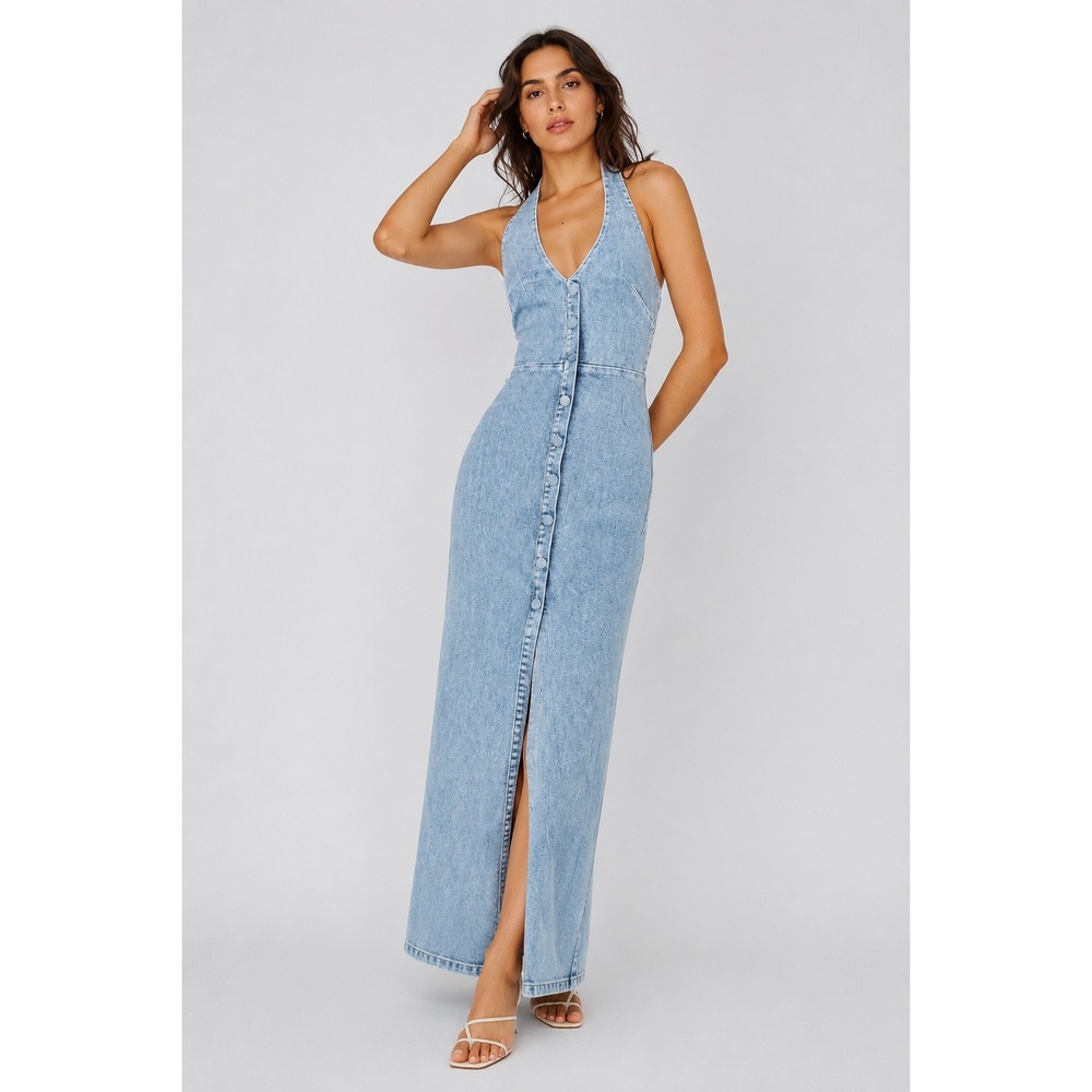 Selfie Leslie Denim Maxi Dress Womens XS Blue Halter Button Front Acid Wash